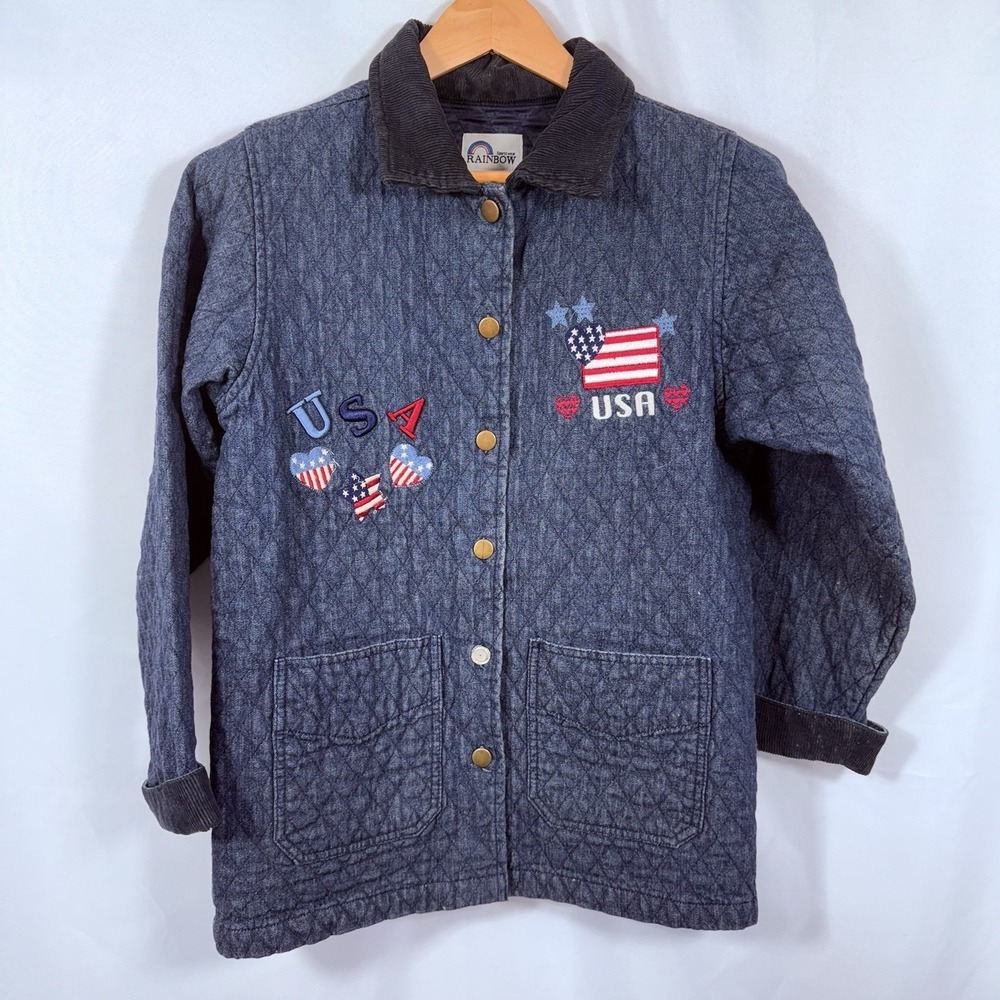 Vintage 90's Rainbow Sportswear USA Patriotic Quilted Denim Jacket‎ Women S